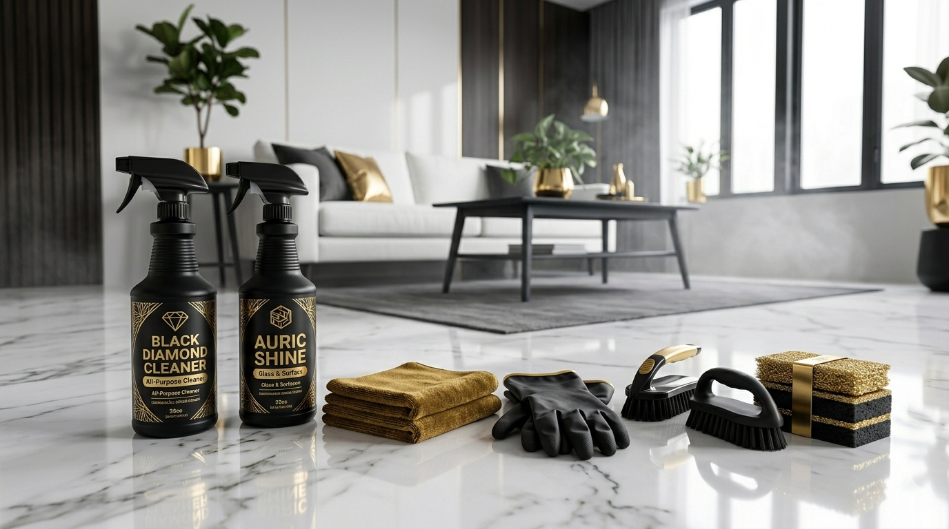 Cleaning supplies prepared for villa deep cleaning services in Sharjah